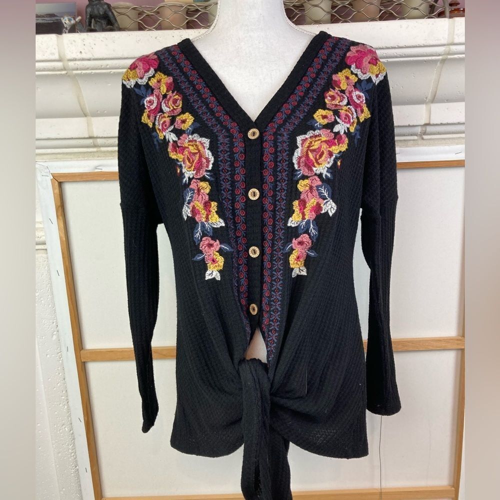 Floral embroidered waffle knit top buttons down cozy, sexy, oversized